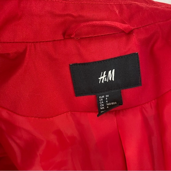 H&M Trench Coat Womens Sz 4 Cherry Red Double Breasted Jacket Tie Waist Flared - Picture 12 of 16
